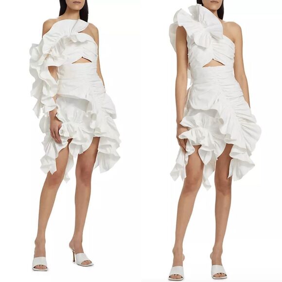 NWT AKNVAS Jagger Cutout Ruffle One-Shoulder Mini Dress White Size 6 $995 - Picture 2 of 12